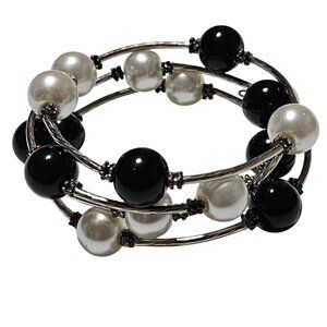 Elegant Black White Faux Pearl Memory Wire Stacked Coil Bracelet Fashion Jewelry